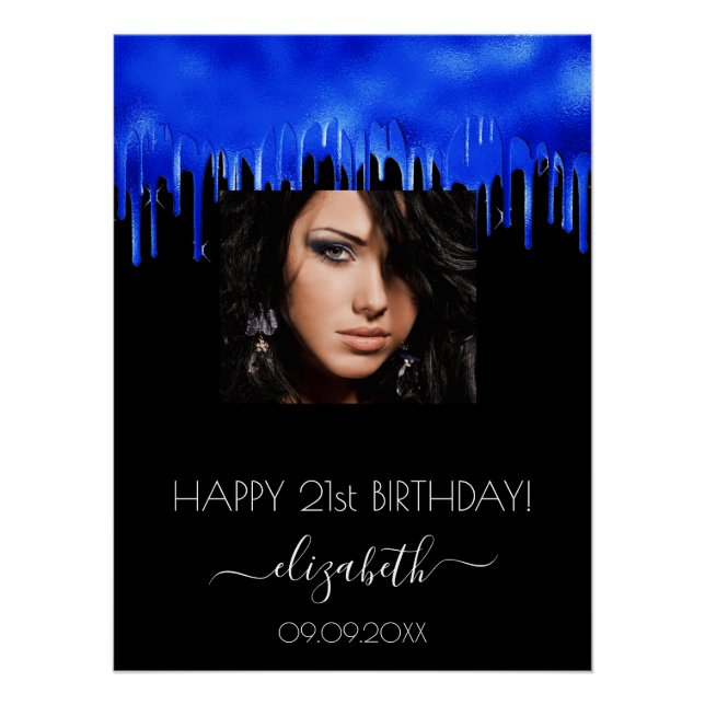 Poster fête d'anniversaire noir royal bleu gouttes photo  (Devant)