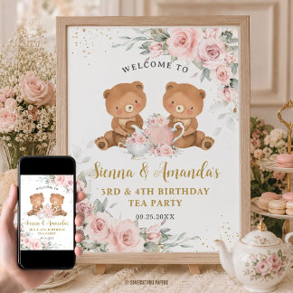 Poster Fête d'anniversaire ours en peluche floral rose ca