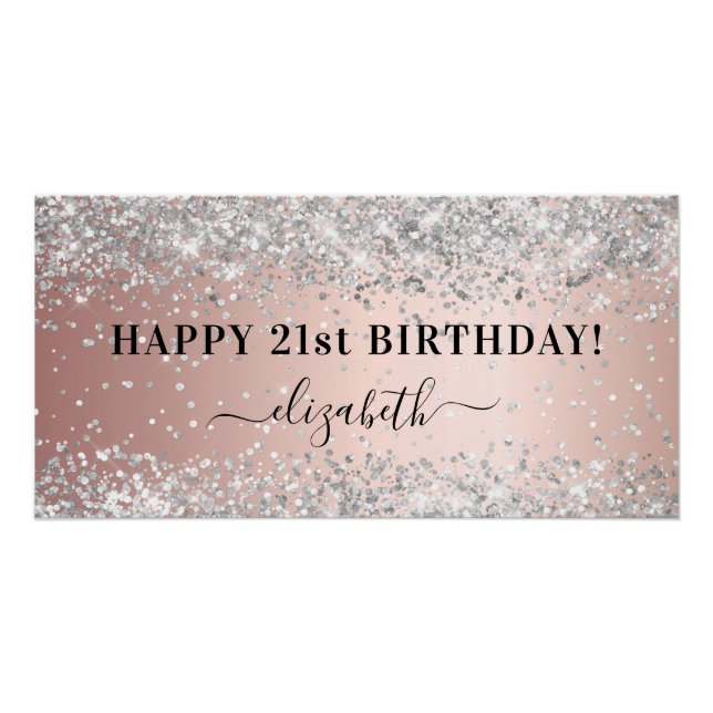 Poster Fête d'anniversaire rose or argent confetti (Devant)