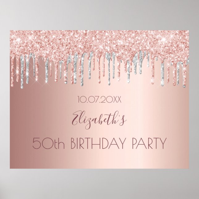 Poster Fête d'anniversaire rose or argent parties scintil (Devant)