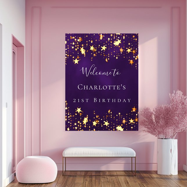 Poster fête d'anniversaire violet or étoiles bienvenue (Créateur téléchargé)