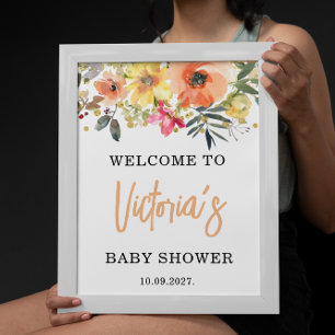 Poster Fête de bébé Bienvenue Fleurs Aquarelle Orange