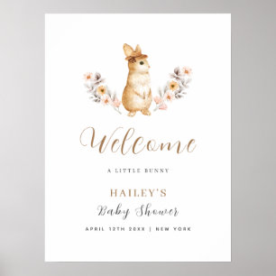 Poster Fête de bébé Lapin Neutre Fleur Sauvage Bienvenue