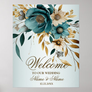 Poster Fête de Bienvenue Fleurs Turquoise Blanches Feuill