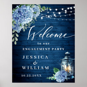 Poster Fête de fiançailles lanterne hydrangea bleue bois 