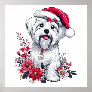 Poster Fête de fleurs Chien maltais avec Santa Hat Chien 