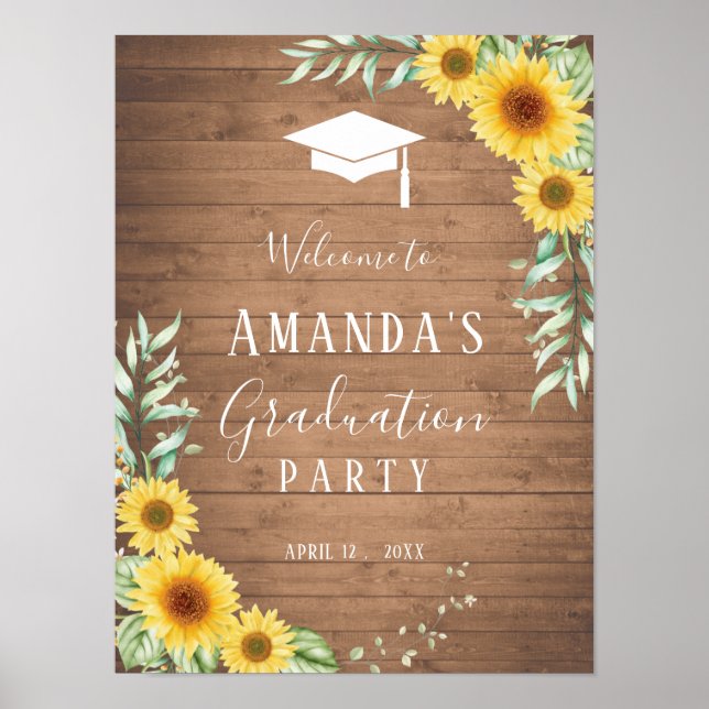 Poster Fête de graduation signe tournesol et bois (Devant)