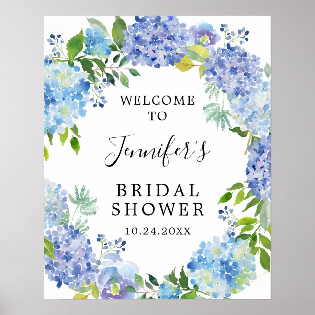 Poster Fête de Mariage Champêtre Hydrangea Aquarelle Bleu (Devant)