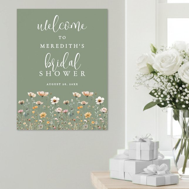 Poster Fête de mariage champêtre vert sauge (Wildflower Sage Green Bridal Shower Poster)