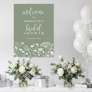 Poster Fête de mariage champêtre vert sauge avec fleurs s
