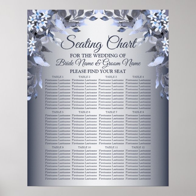 Poster Fête de mariage Marine bleu Floral Argent gris élé (Devant)