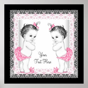 Poster Fête de naissance adorable de jumelles roses