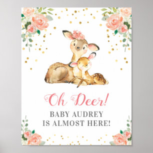 Poster Fête de naissance Bébé fille Oh Deer Woodland Fleu