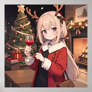 Poster Fête de Noël avec un verre de vin