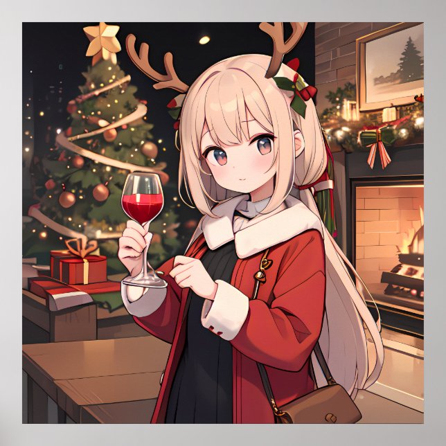 Poster Fête de Noël avec un verre de vin (Devant)