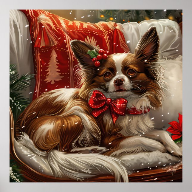 Poster Fête de Noël de chien de Papillon (Devant)