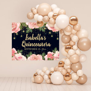 Poster Fête de Quinceañera noire avec fleurs roses et pai