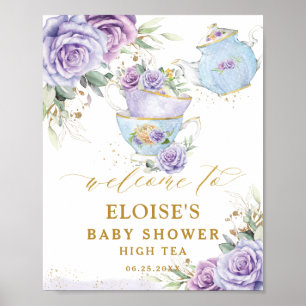 Poster Fête de thé florale au lilas violet Bienvenue Baby
