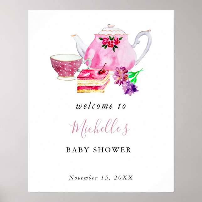 Poster Fête de Thé pour Baby Shower Fleurs Aquarelle Rose (Devant)
