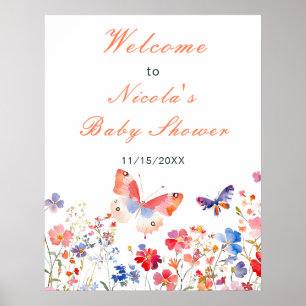 Poster Fête des mariées à papillons floraux d'été Bienven