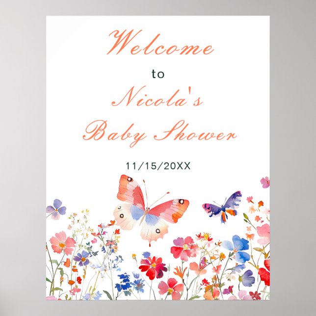 Poster Fête des mariées à papillons floraux d'été Bienven (Devant)