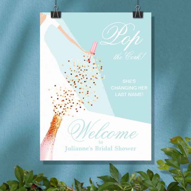 Poster Fête des mariées Bleu Bienvenue (Sky blue bridal shower Welcome poster, PRINTED and/or INSTANT DOWNLOAD, features bride in her gown)