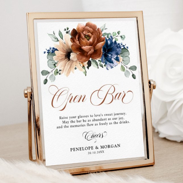 Poster Fête des mariées Bleue de la Marine de Terracotta  (Wedding open bar sign terracotta and navy floral. )