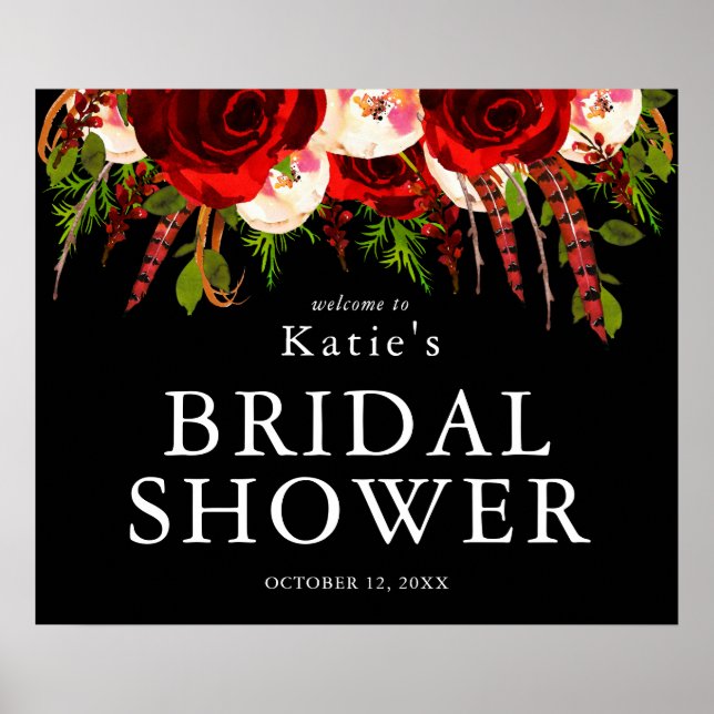 Poster Fête des mariées de Boho Floral de Bourgogne Noire (Devant)