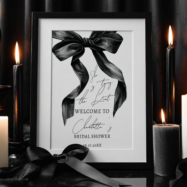 Poster Fête des mariées de noeud de jonction Chic Black B (Chic Black Bow Tying Knot Bridal Shower Welcome Poster)