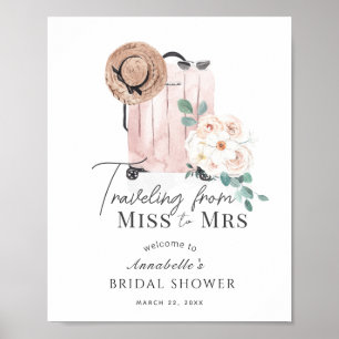 Poster Fête des mariées de valise rose Voyage Bienvenue