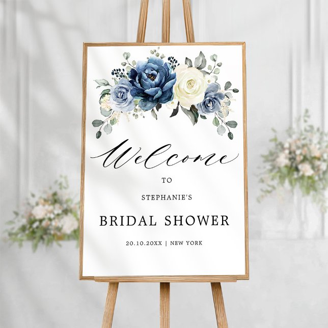 Poster Fête des mariées d'ivoire Dusty Blue Champagne (Dusty Blue Champagne Ivory Bridal Shower Welcome Poster)
