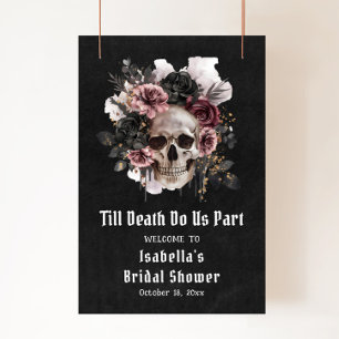 Poster Fête des mariées du crâne floral d'Halloween noir
