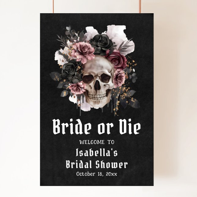 Poster Fête des mariées du crâne floral d'Halloween noir (Black Halloween Floral Skull Bridal Shower Welcome Poster)