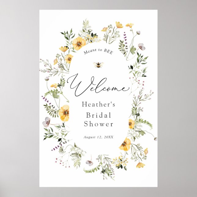 Poster Fête des mariées Fleur sauvage délicate et abeille (Devant)