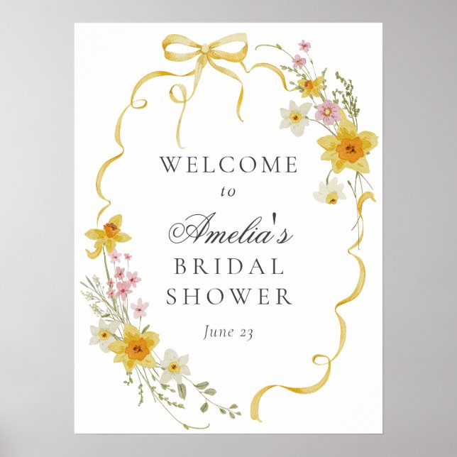 Poster Fête des mariées Fleurs et vaches jaunes Bienvenue (Devant)