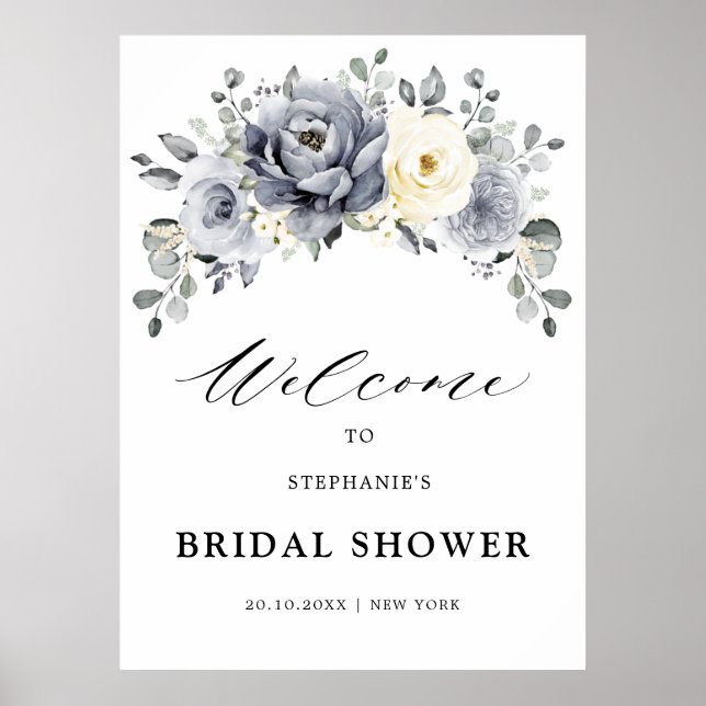Poster Fête des mariées florale gris argent Bienvenue (Devant)