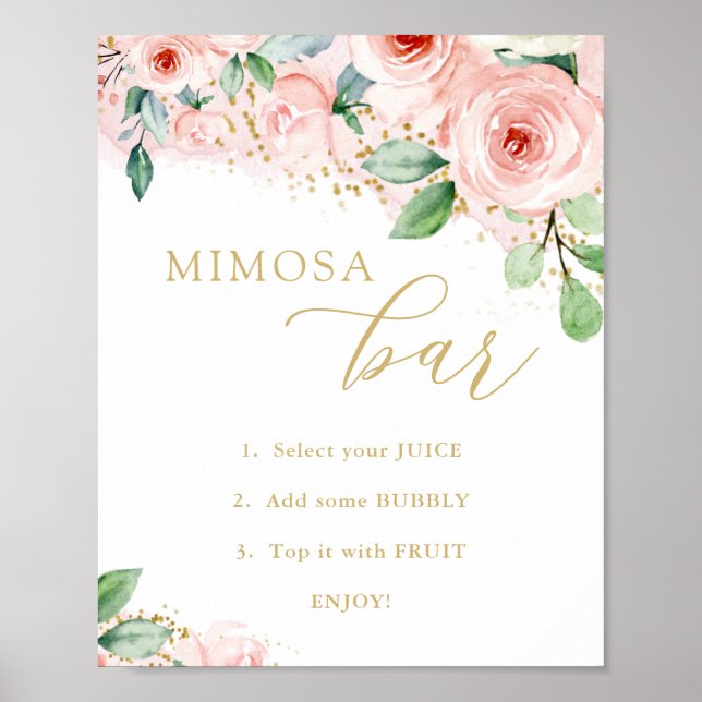 Poster Fête des mariées florale Mimosa, rose et or (Devant)