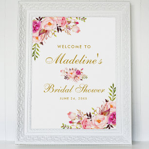 Poster Fête des mariées Florale Rose Blush Gold Bienvenue