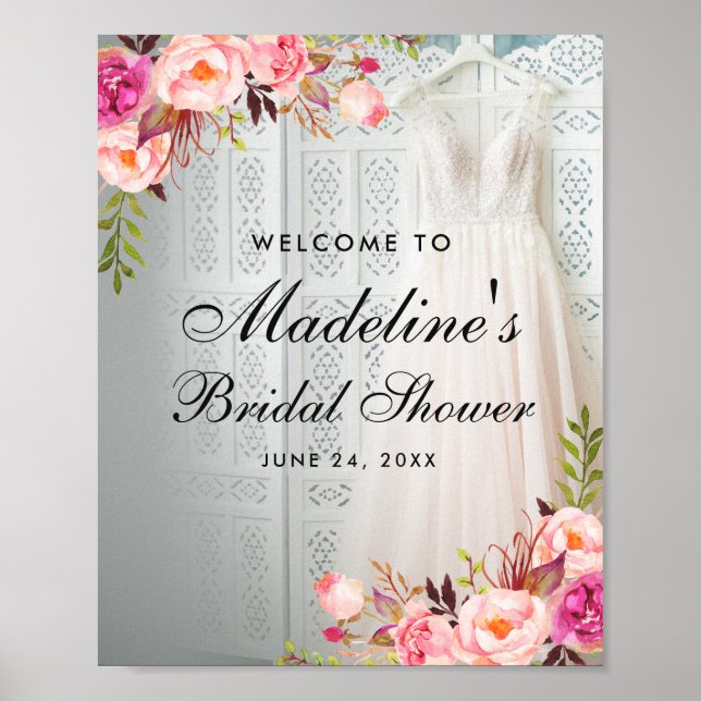 Poster Fête des mariées florale rose pâle Bienvenue (Devant)
