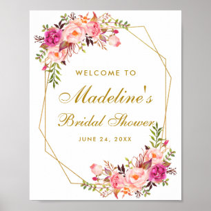 Poster Fête des mariées florale rose pâle bienvenue or