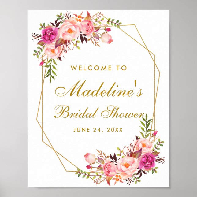 Poster Fête des mariées florale rose pâle bienvenue or (Devant)