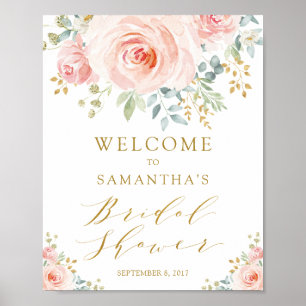 Poster Fête des mariées florale rose rose pâle Bienvenue