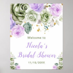 Poster Fête des mariées florale verte et violette Sage Bi