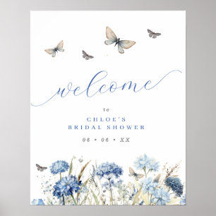 Poster Fête des mariées Florales Bleues & Papillons Bienv