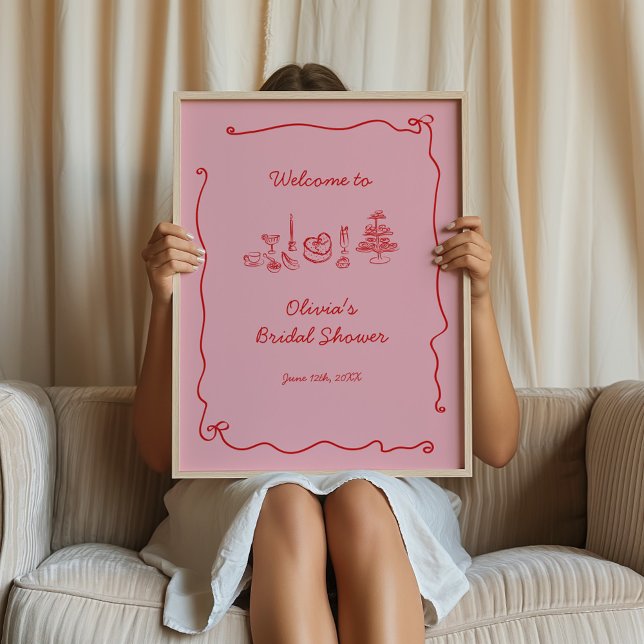 Poster Fête des mariées manuscrite rose rouge Bienvenue (Créateur téléchargé)