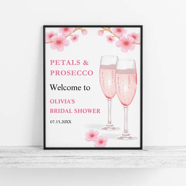 Poster Fête des mariées moderne Petals & Prosecco Bienven (Modern Petals & Prosecco Pink Watercolor Floral Bridal Shower Welcome Sign  )