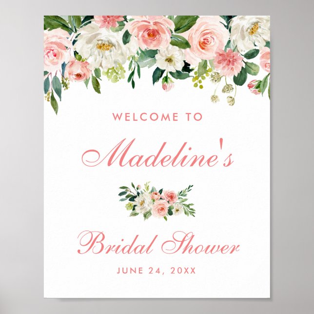 Poster Fête des mariées Rose Blush Floral Bienvenue (Devant)