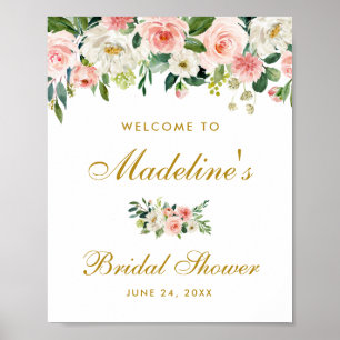 Poster Fête des mariées Rose Blush Floral Gold Bienvenue