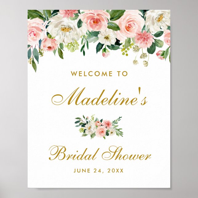 Poster Fête des mariées Rose Blush Floral Gold Bienvenue (Devant)