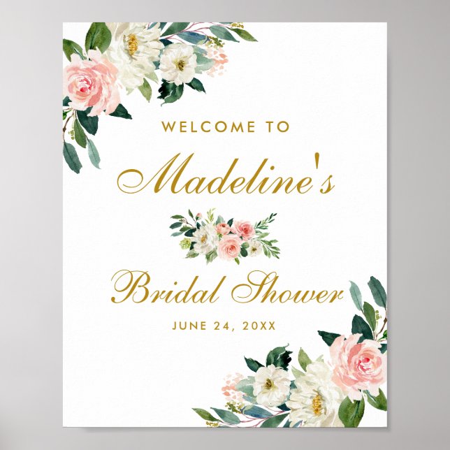Poster Fête des mariées Rose Blush Gold Floral Bienvenue (Devant)
